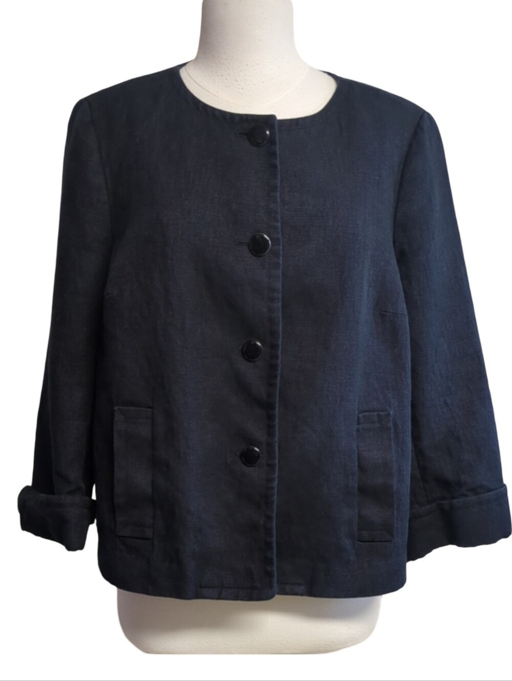 Talbot's 14W Linen Black Boxy 3/4 Sleeve Button Front Blazer Jacket